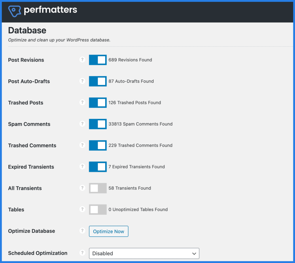 Perfmatters 中的 WordPress 数据库优化