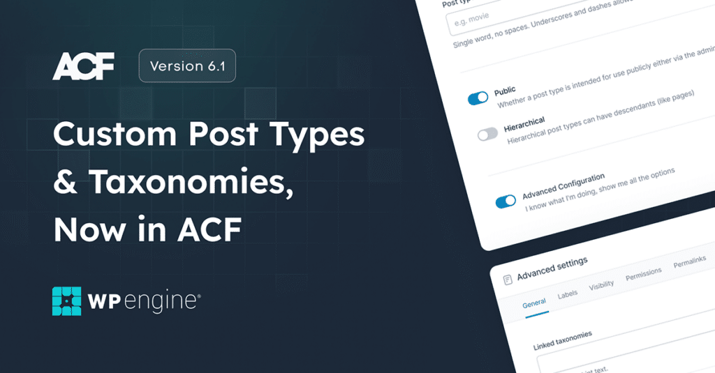 ACF 6.1的自定义帖子类型和分类法 1 带有 ACF 徽标的宣传图片显示“自定义帖子类型和分类法”,现已在 ACF 中