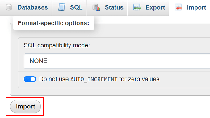单击 phpMyAdmin 上的导入按钮 单击 phpMyAdmin 上的导入按钮