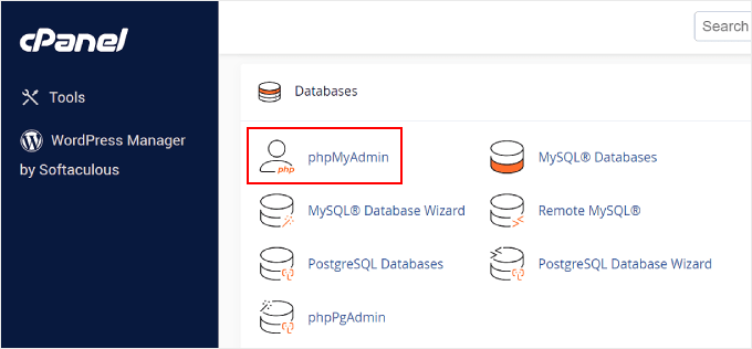 在 cPanel 上选择 phpMyAdmin 在 cPanel 上选择 phpMyAdmin