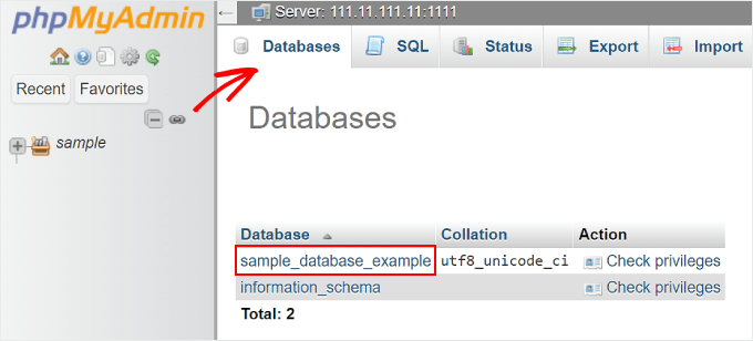 在 phpMyAdmin 上选择数据库 在 phpMyAdmin 上选择数据库