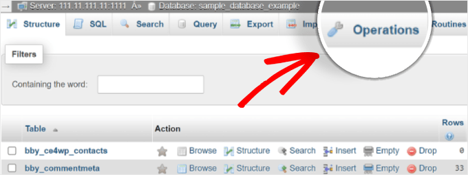 选择 phpMyAdmin 上的“操作”选项卡 选择 phpMyAdmin 上的“操作”选项卡