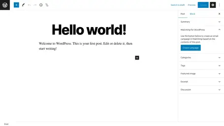 从 WordPress 帖子在 Mailchimp 中创建新营销活动的按钮的屏幕截图