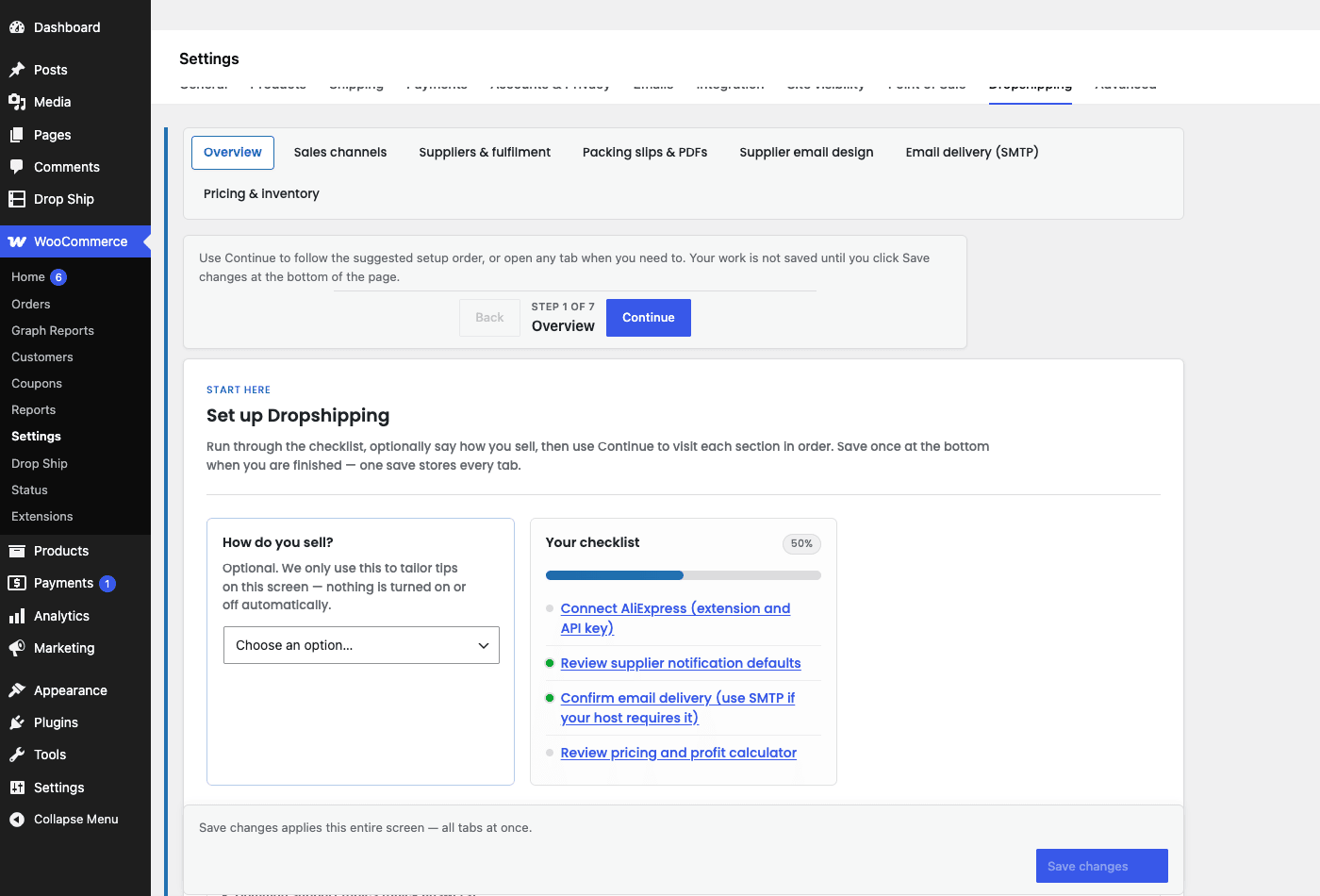 WooCommerce » 设置 » 代发货 WooCommerce 代发货设置向导:包含 AliExpress、供应商通知、电子邮件发送和定价清单的代发货设置选项卡