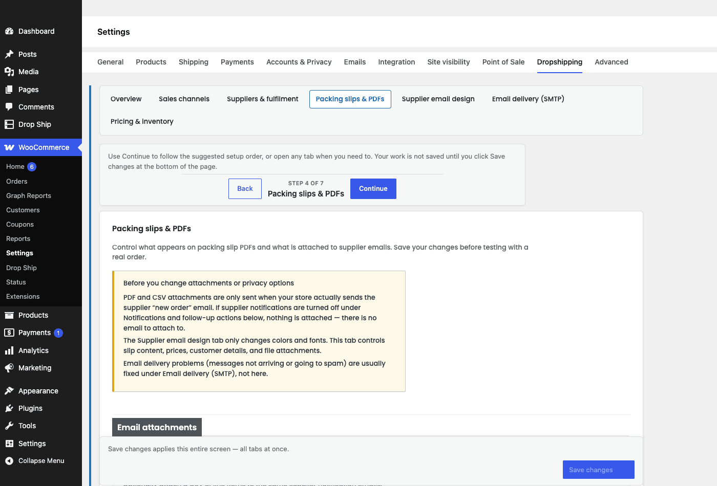 WooCommerce » 设置 » 代发货 » 装箱单 “装箱单和 PDF 设置”选项卡,用于控制供应商新订单电子邮件的附件内容。