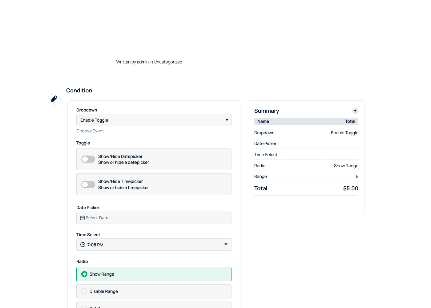 A front-end calculator with a live Summary and Total 前端的一个Cost Calculator Builder计算器:左侧有下拉菜单、开关、日期选择器和单选选项,右侧有实时摘要面板和运行总计。