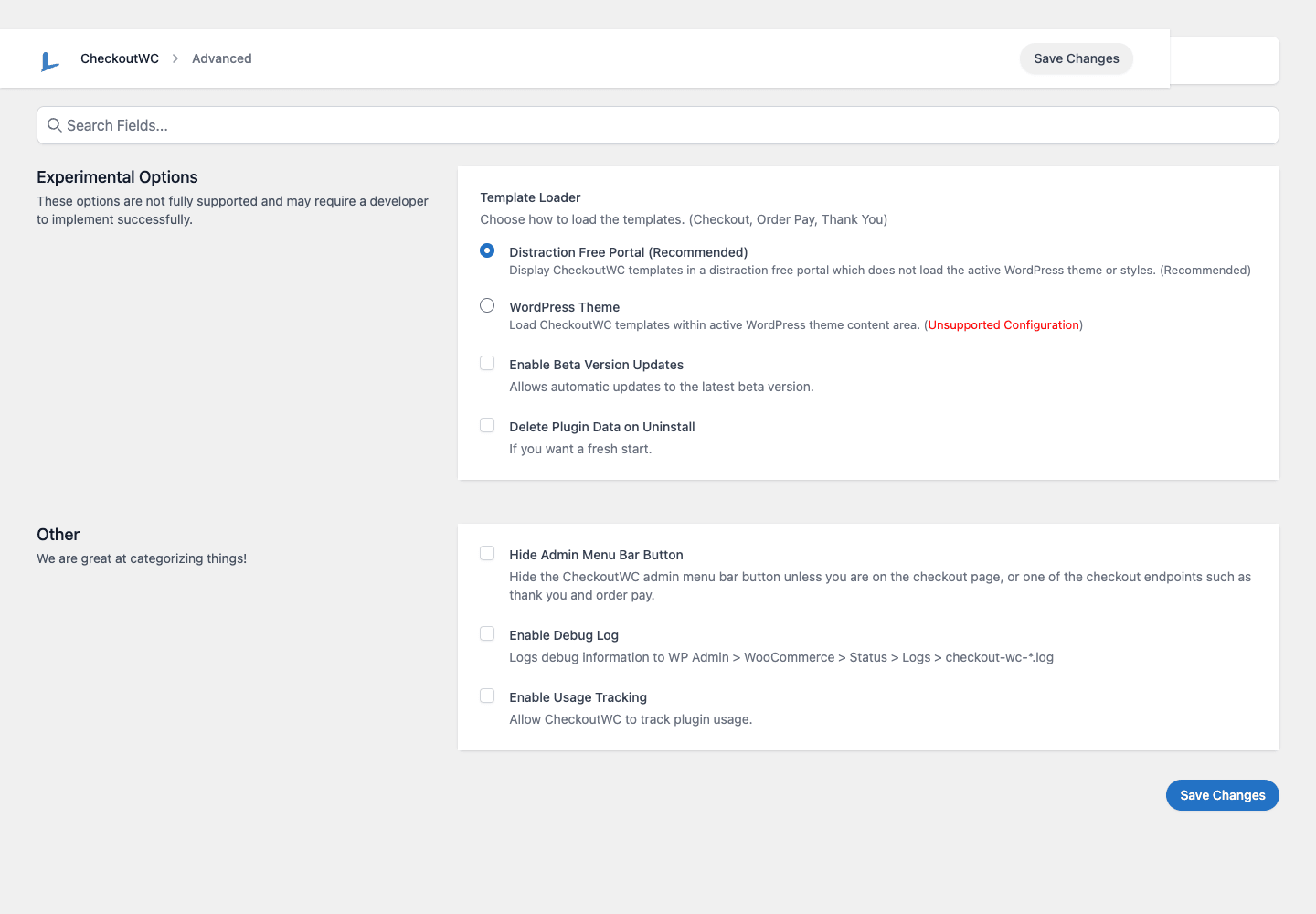 CheckoutWC Advanced settings and Template Loader CheckoutWC 高级设置,显示模板加载器和免打扰模式选项