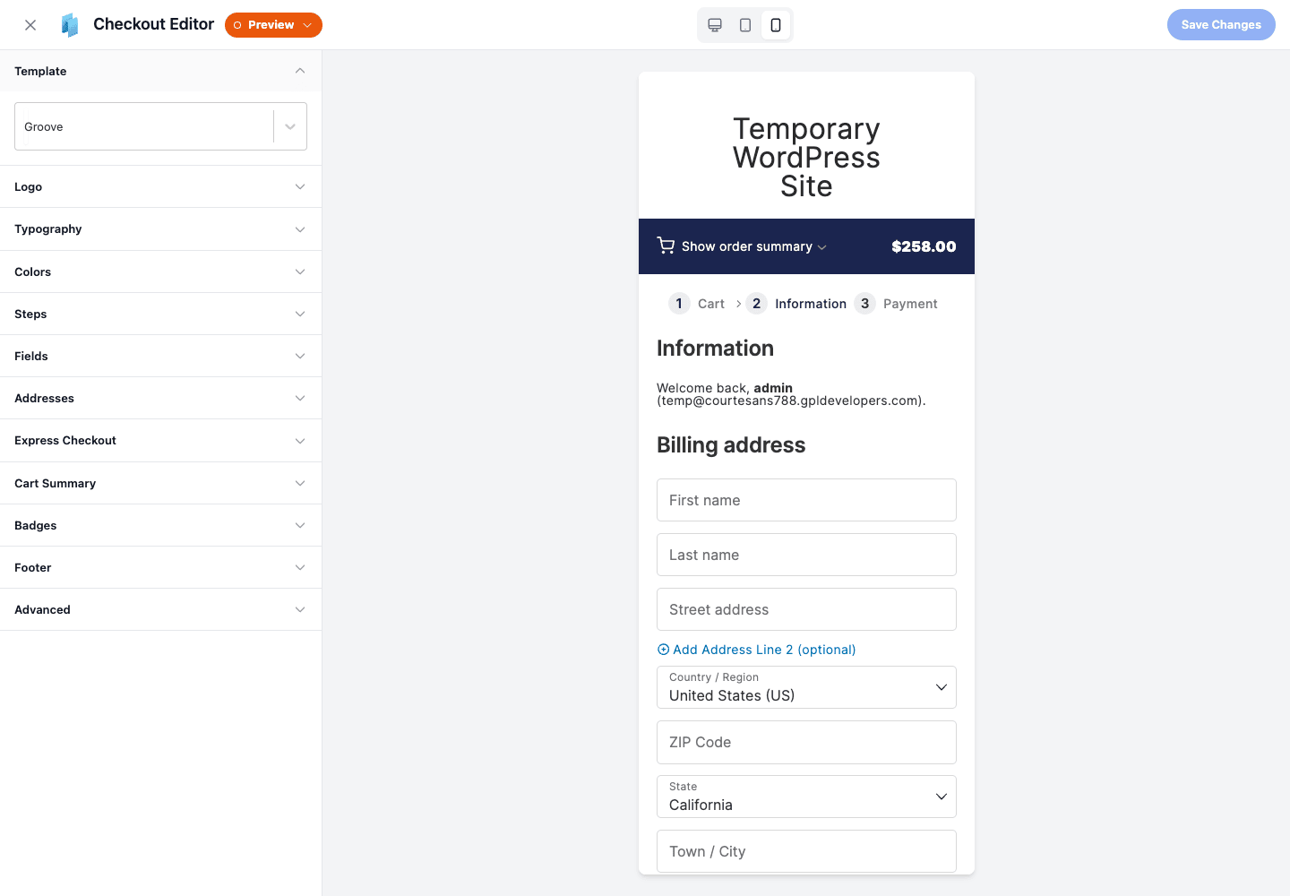 The CheckoutWC mobile checkout preview CheckoutWC 移动端结账预览,单栏布局,可见订单摘要