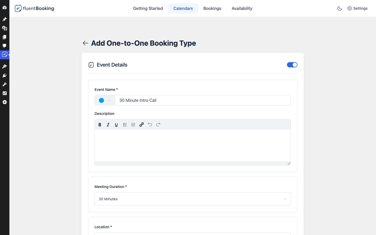 FluentBooking 活动类型编辑器，包含名称、时长和位置字段