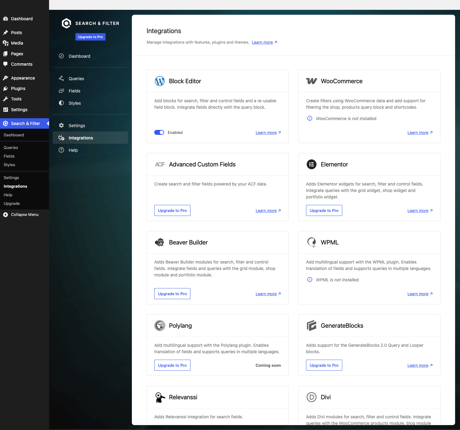 集成网格 集成网格,包含适用于 Block Editor、WooCommerce、ACF、Elementor、Beaver Builder、WPML、Polylang、GenerateBlocks、Relevanssi 和 Divi 的卡片。
