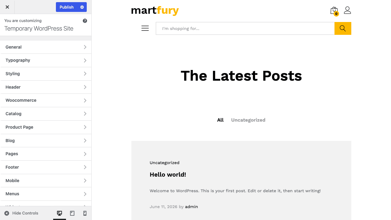 Martfury theme options in the WordPress Customizer Martfury 主题的自定义选项面板