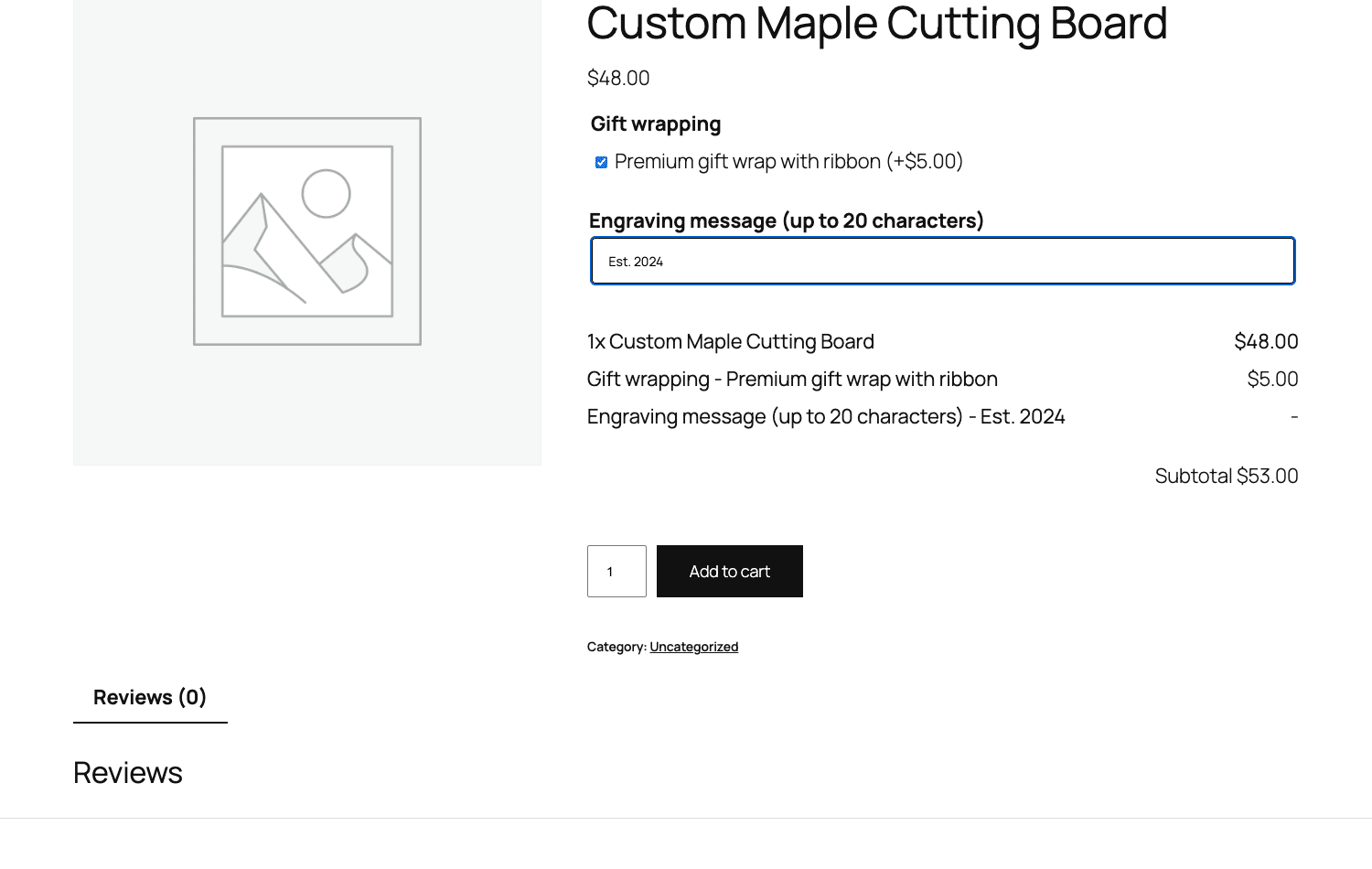 Add-ons and live price summary on the product page 一个 WooCommerce 产品页面,显示附加组件字段和总计五十三美元的实时价格摘要。