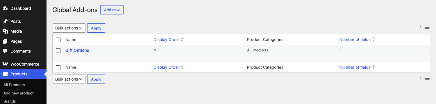 Global add-ons management list WooCommerce 中的全局附加组件管理列表,显示一个礼品选项组。