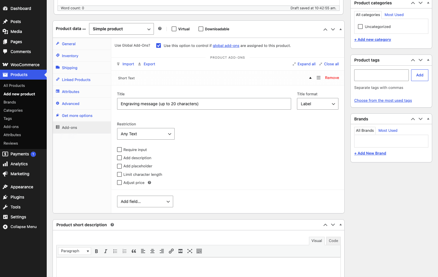 Per-product add-ons tab WooCommerce 产品编辑器中的每个产品附加组件选项卡,包含一个短文本雕刻字段。