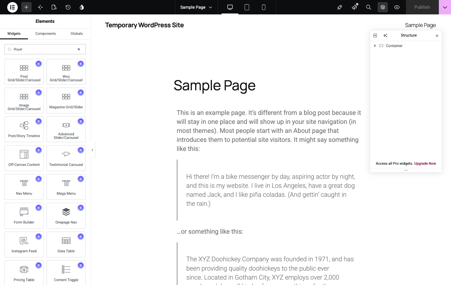 Royal widgets in the Elementor editor Royal Elementor Addons Pro 组件在 Elementor 编辑器面板中