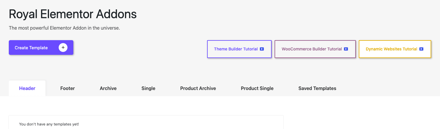 Royal Theme Builder template types Royal Elementor Addons Pro 主题生成器,展示六种模板类型