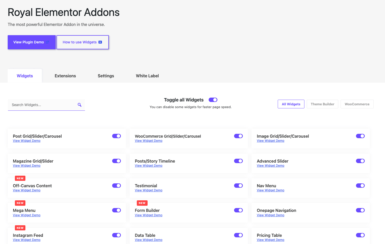 Royal Addons widget toggle library Royal Elementor Addons Pro 组件库,支持按组件单独开关