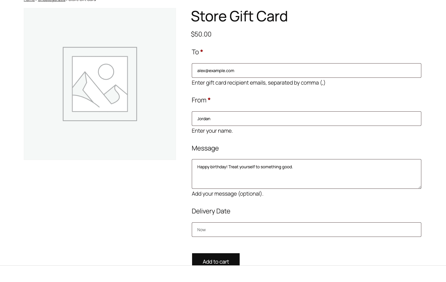 The customer-facing gift card form with recipient, sender, message, and delivery date WooCommerce Gift Cards前端购买表单,在“加入购物车”按钮上方显示收件人、发件人、留言和配送日期字段。
