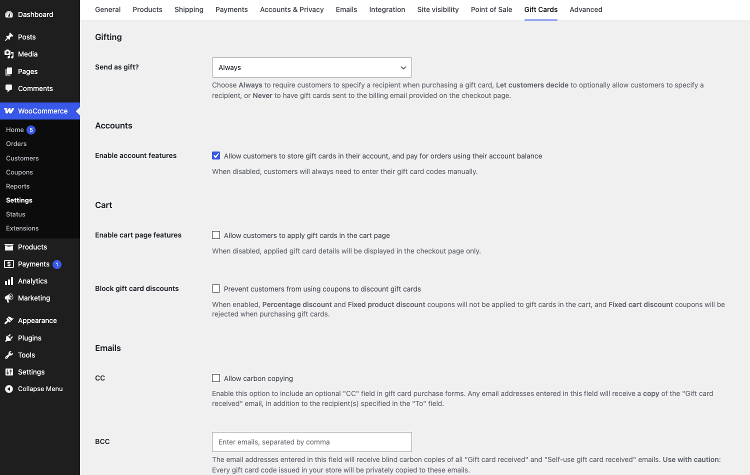 The WooCommerce Gift Cards settings tab with gifting, accounts, cart, and email options WooCommerce设置中的“礼品卡”选项卡,显示礼品赠送、账户、购物车、阻止礼品卡折扣和电子邮件配置部分。