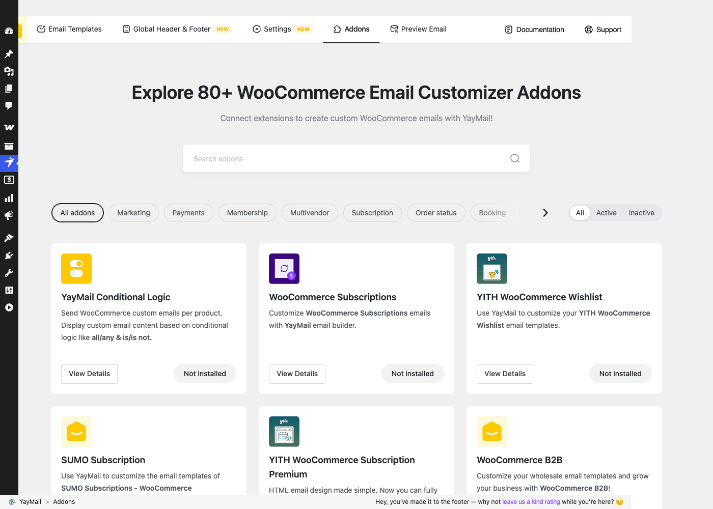 YayMail's 80+ plugin integrations YayMail插件屏幕,“探索80+ WooCommerce邮件定制插件”,包含Conditional Logic、WooCommerce Subscriptions、YITH、Dokan等集成卡片,按类别分组。
