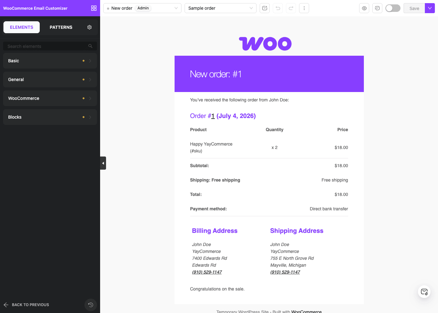 The YayMail builder with a live email preview YayMail拖放构建器:左侧是元素面板(Basic、General、WooCommerce、Blocks),右侧是实际New Order邮件的实时预览,包含订单表、地址和总计。