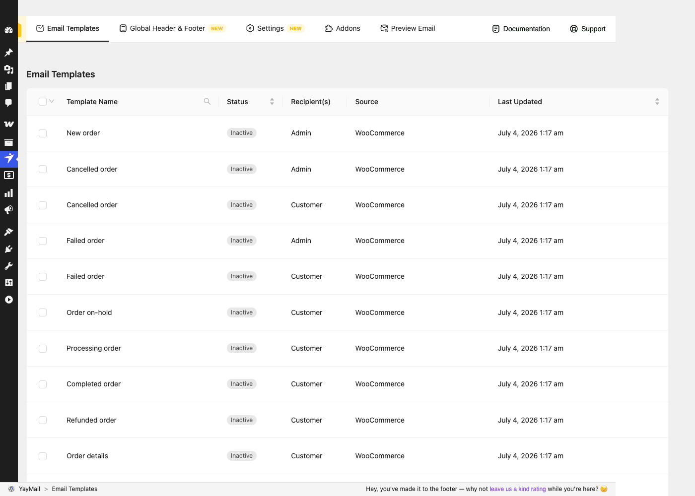 Every WooCommerce email YayMail can customize YayMail邮件模板列表,显示每个WooCommerce事务性邮件(New order、Cancelled、Failed、Processing、Completed、Refunded)及其状态、收件人和来源。